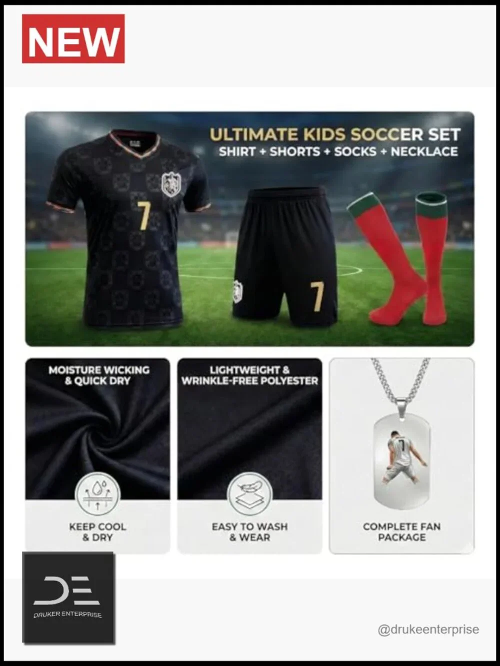 Kids Soccer Jersey Set with #7 Necklace - Uniform Shirt Shorts Socks